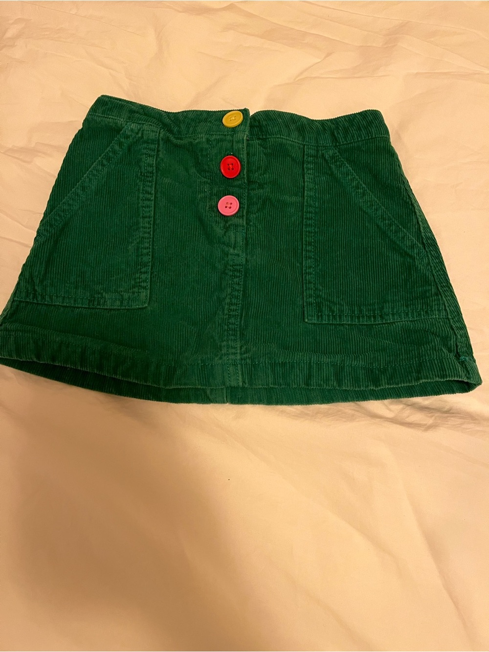 Boden Girls Green Corduroy Skirt with Colorful Buttons, size 4-5y